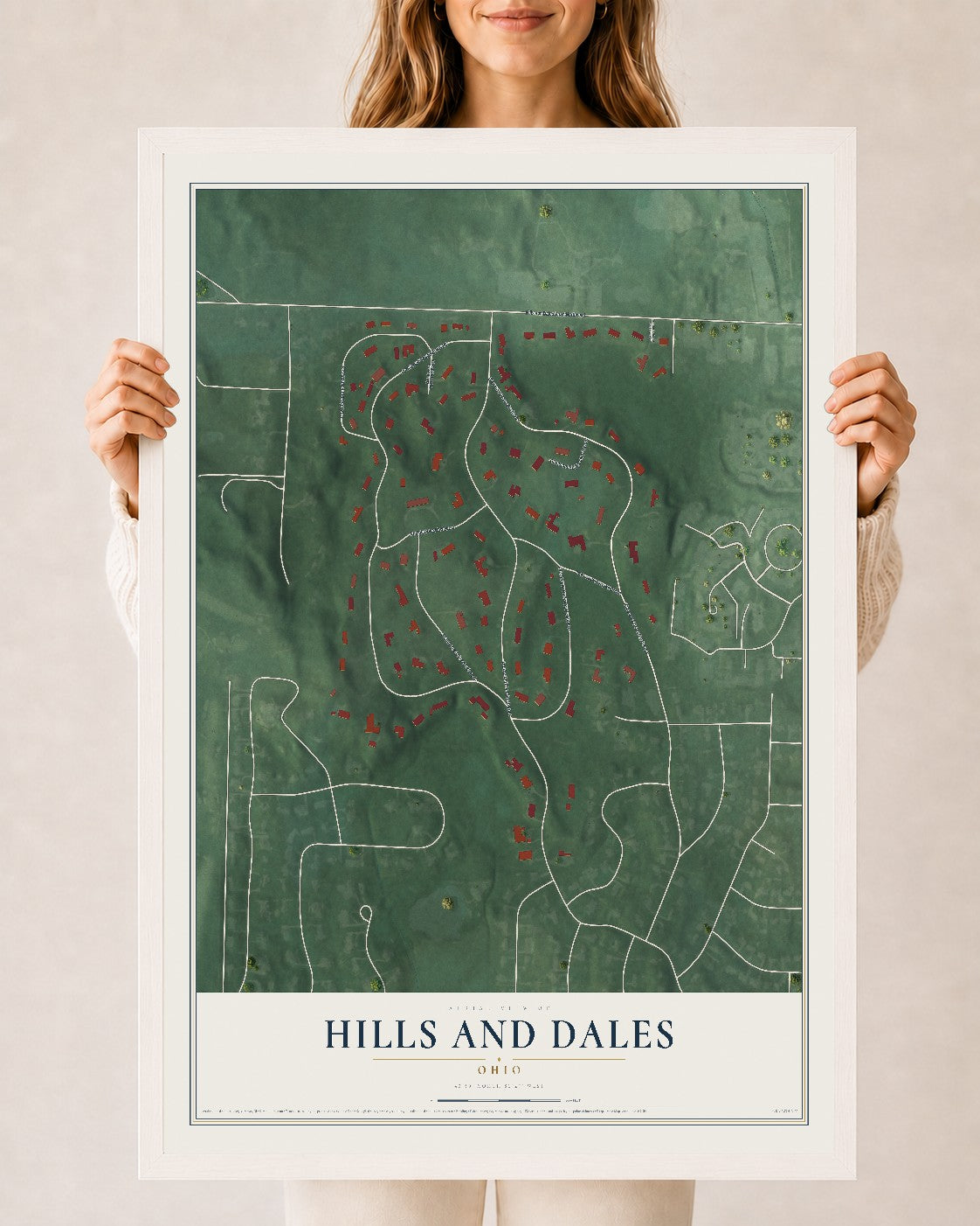 Map of Hills and Dales, Ohio, 24 x 36 inch print in a white wood frame