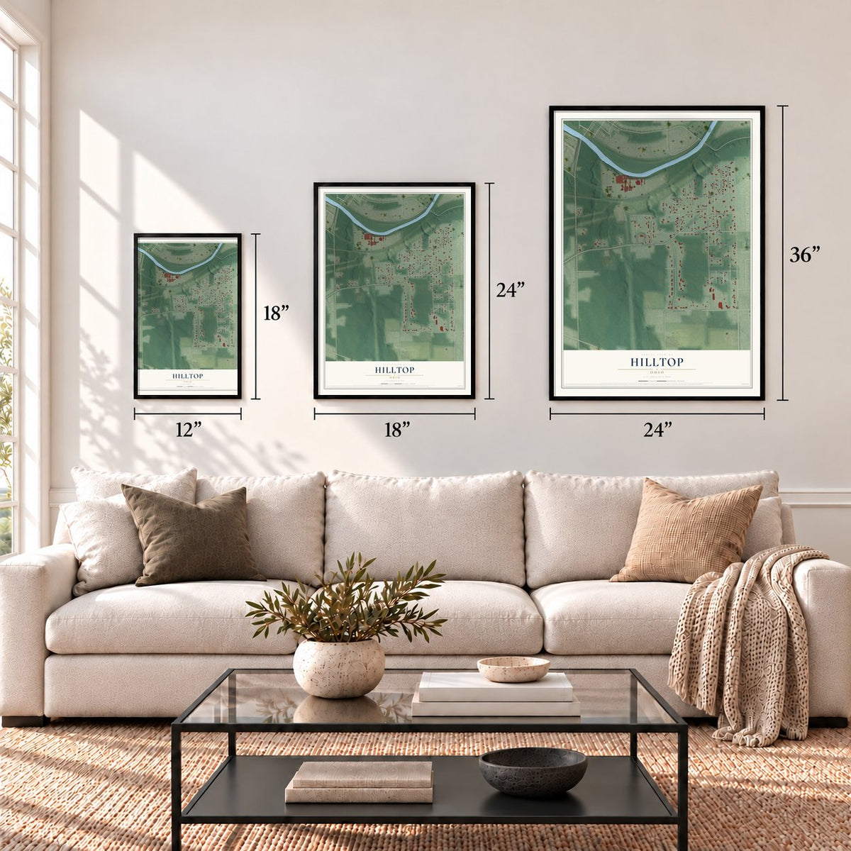 Hilltop, Ohio map in 12 x 18, 18 x 24 and 24 x 36 inch sizes above a sofa