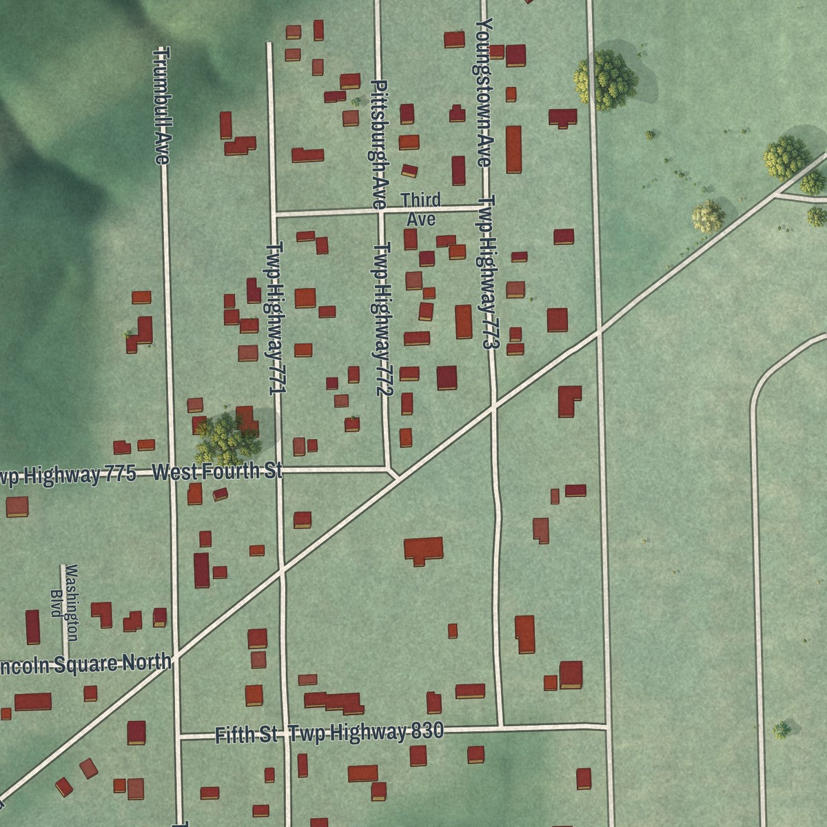 Close-up of the map of Hilltop, Ohio print showing street and building detail