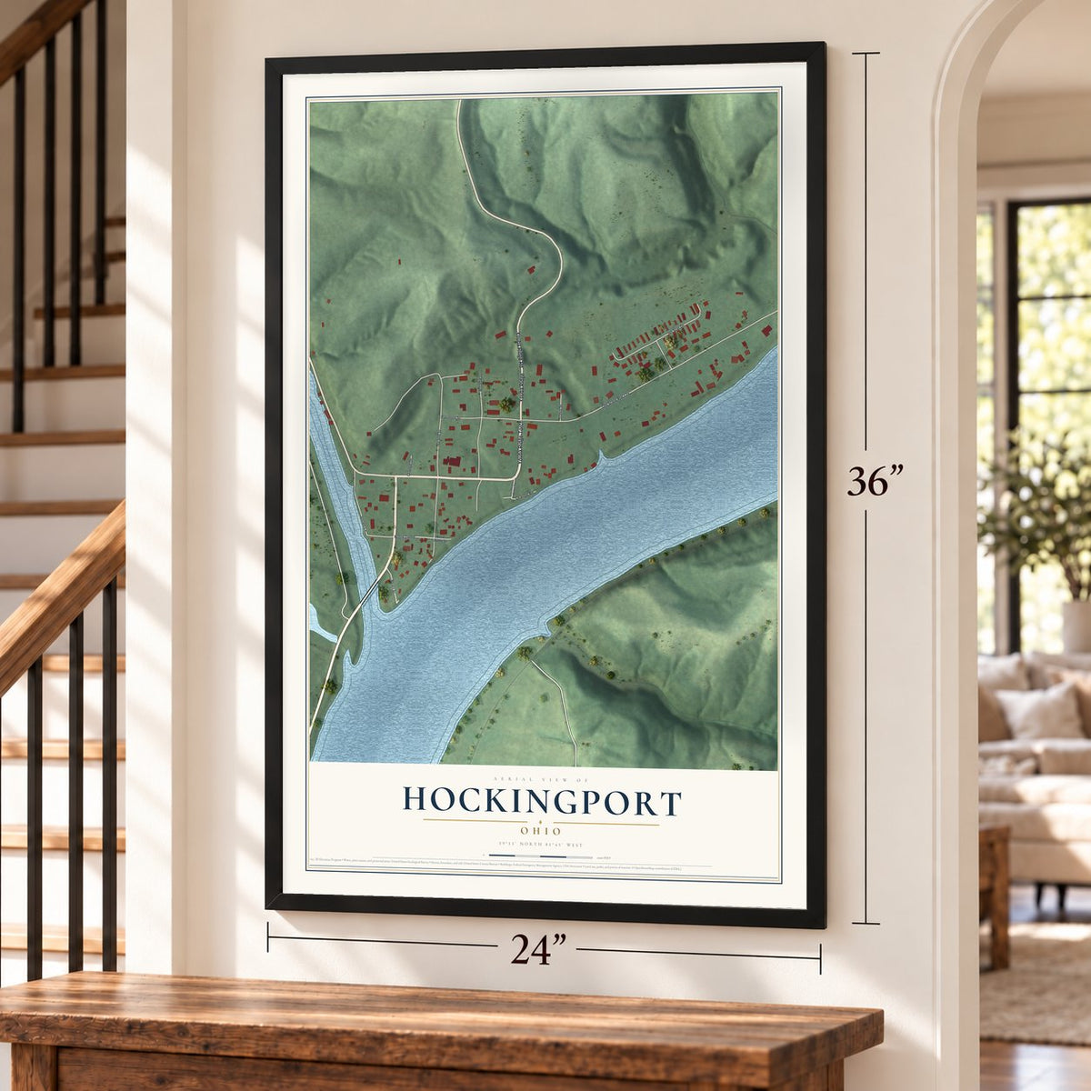 Hockingport, Ohio map, 24 x 36 inch print in a black frame by a staircase