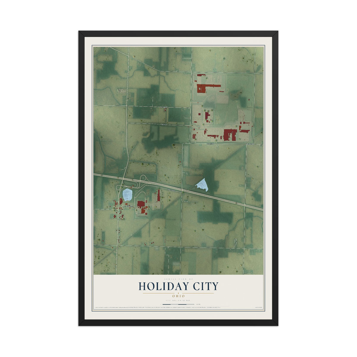 Map of Holiday City, Ohio, 12 x 18 inch print in a black wood frame