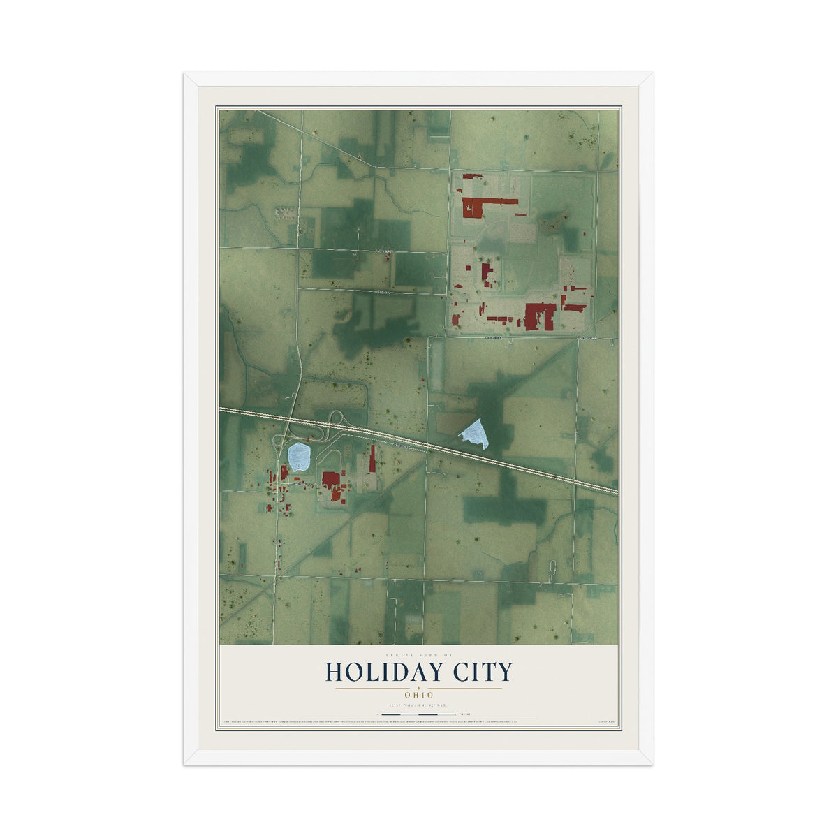 Map of Holiday City, Ohio, 12 x 18 inch print in a white wood frame