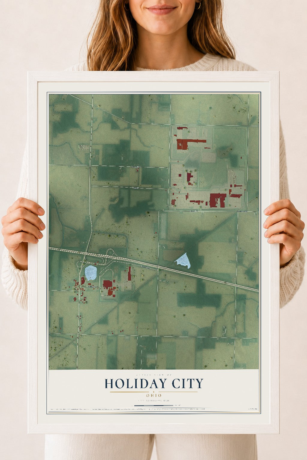 Map of Holiday City, Ohio, 18 x 24 inch print in a white wood frame