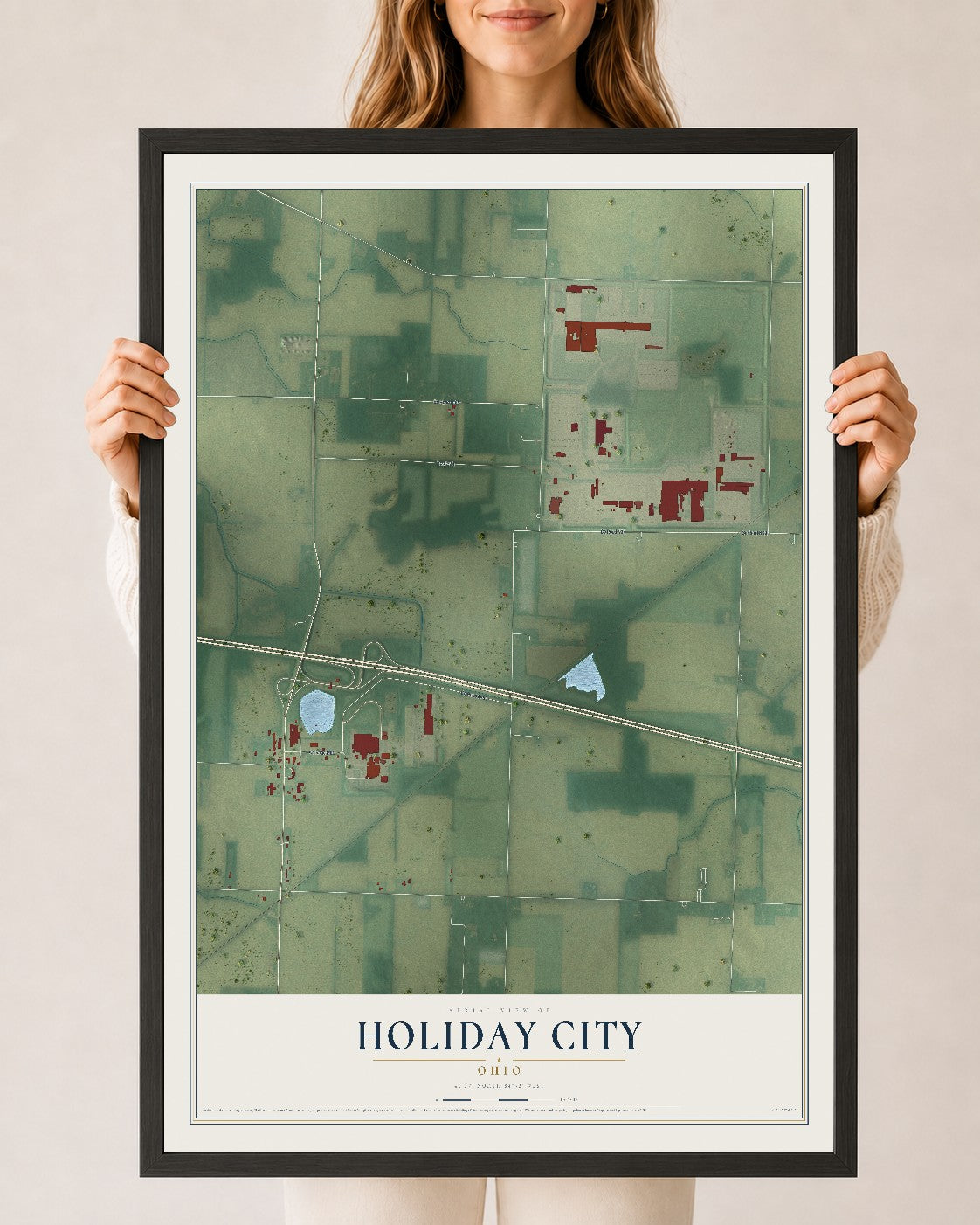Map of Holiday City, Ohio, 24 x 36 inch print in a black wood frame