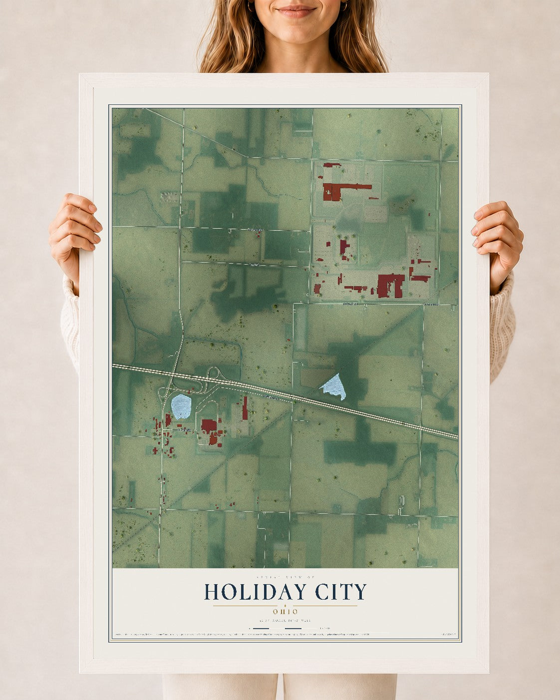 Map of Holiday City, Ohio, 24 x 36 inch print in a white wood frame
