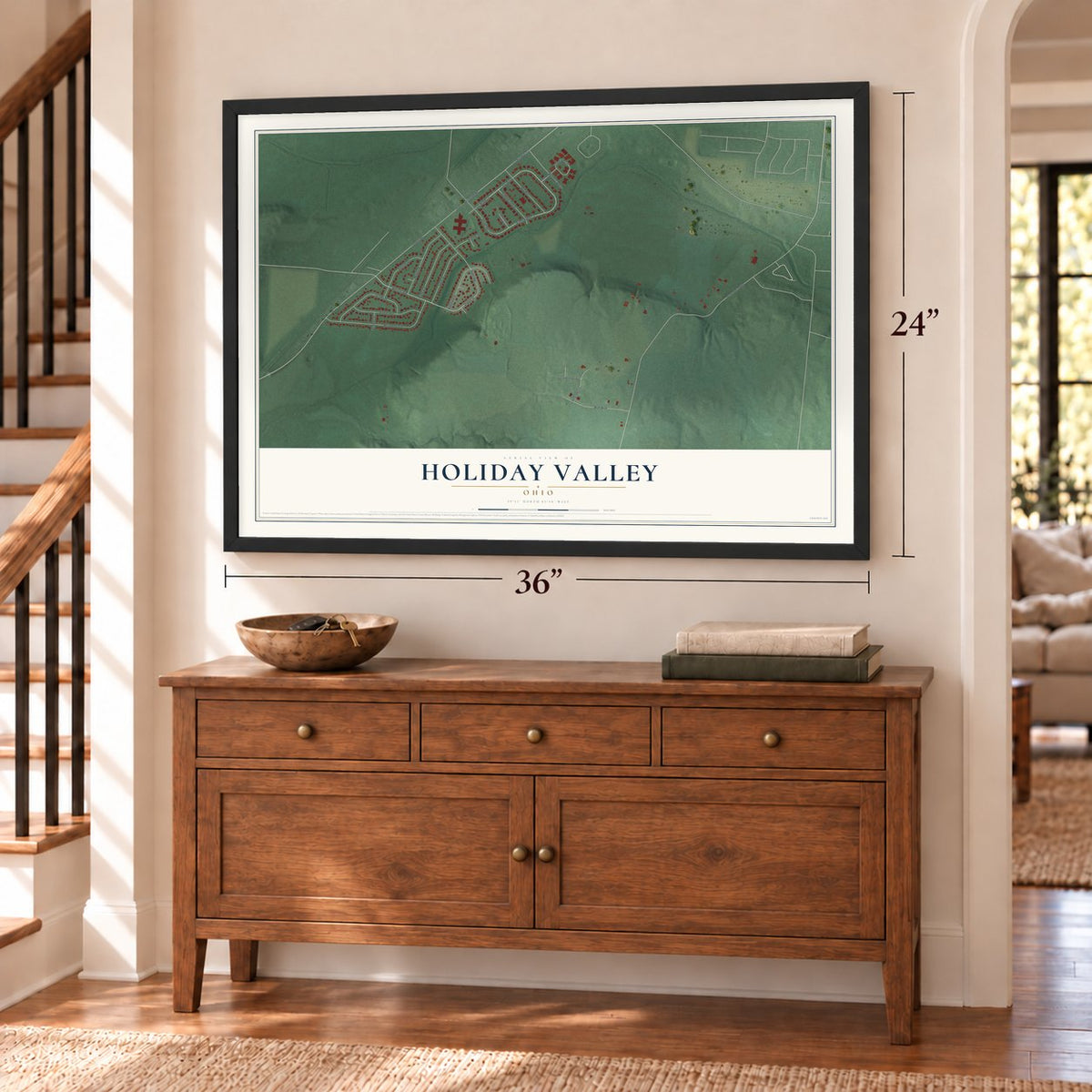 Holiday Valley, Ohio map, 24 x 36 inch print in a black frame above a dresser by a staircase