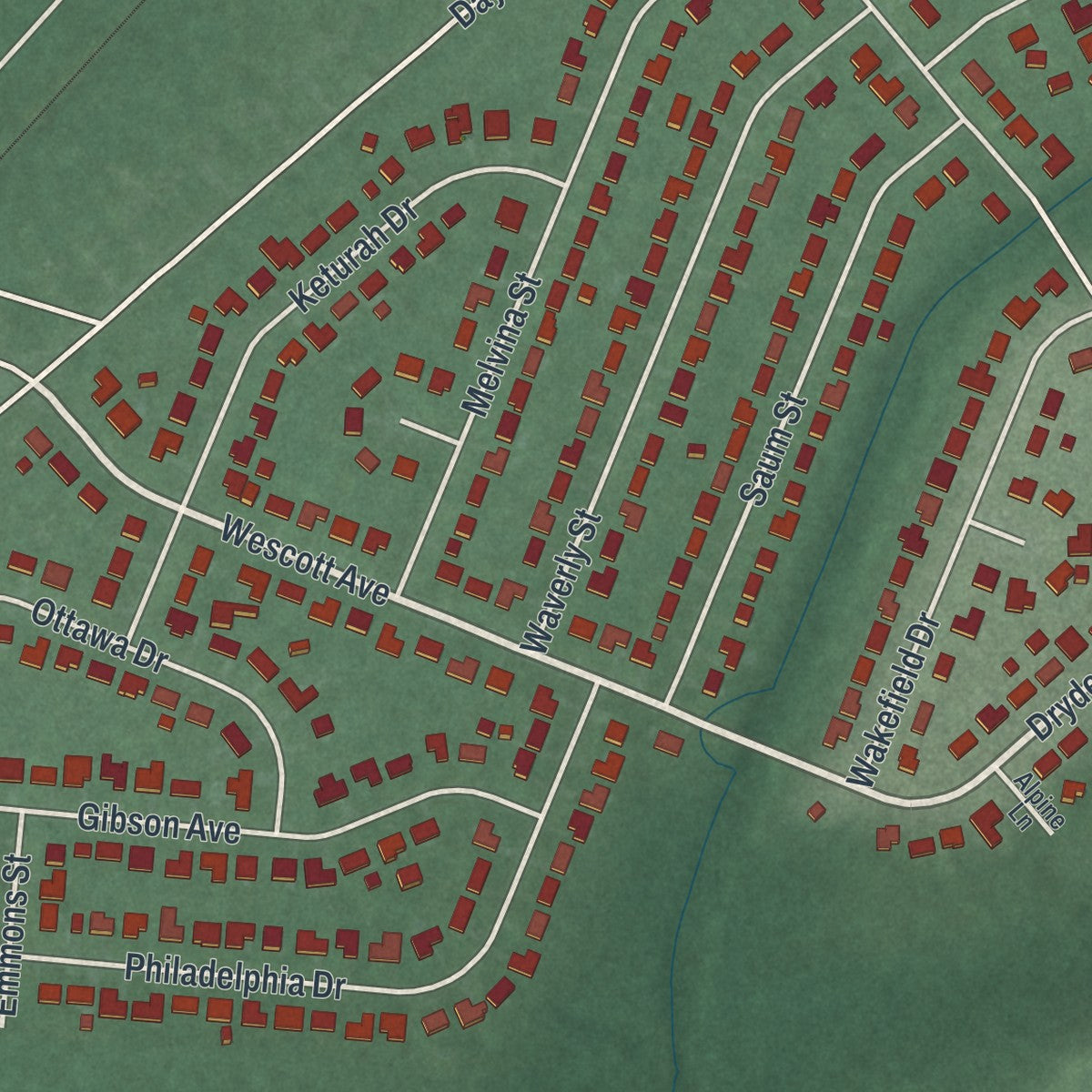 Close-up of the map of Holiday Valley, Ohio print showing street and building detail