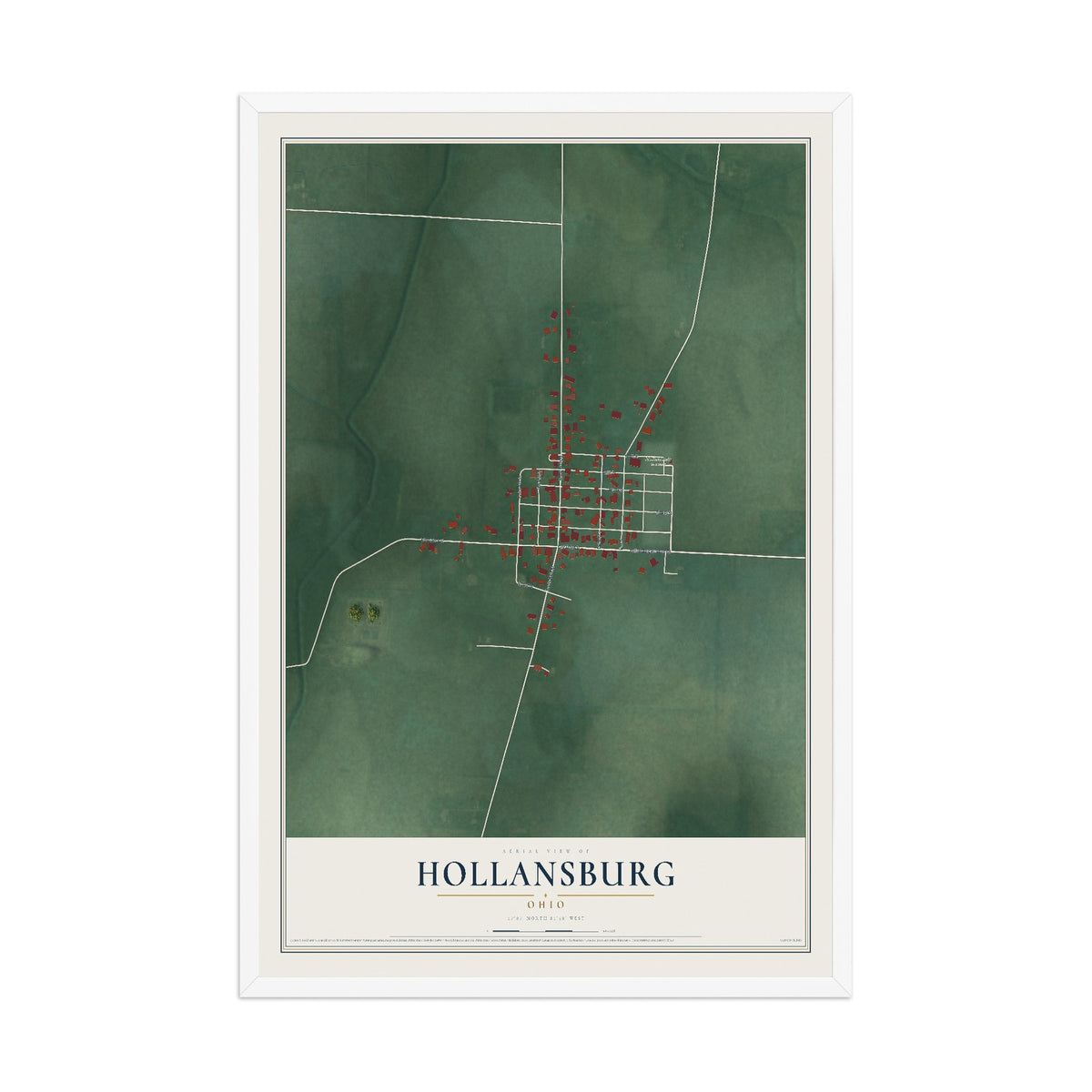 Map of Hollansburg, Ohio, 12 x 18 inch print in a white wood frame