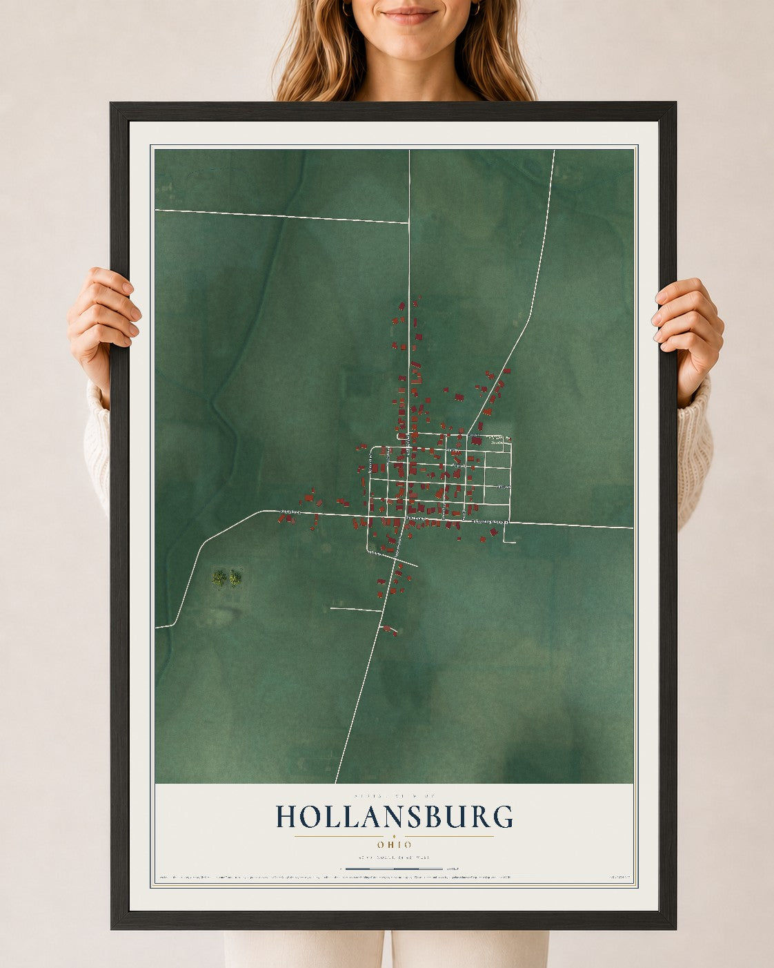 Map of Hollansburg, Ohio, 24 x 36 inch print in a black wood frame