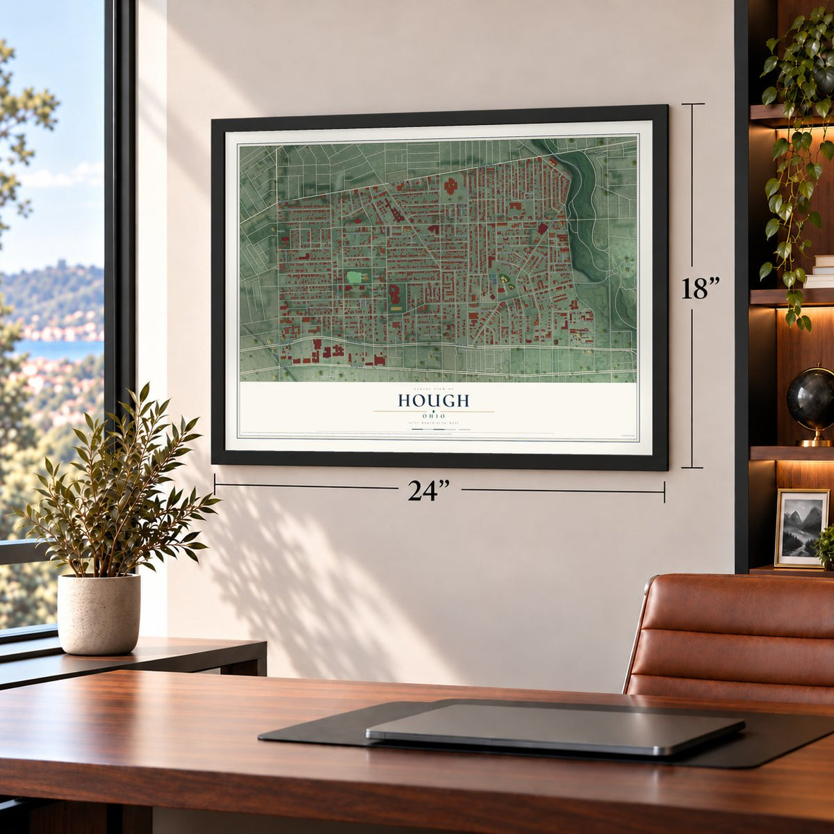 Hough, Ohio map, 18 x 24 inch print in a black frame in a home office