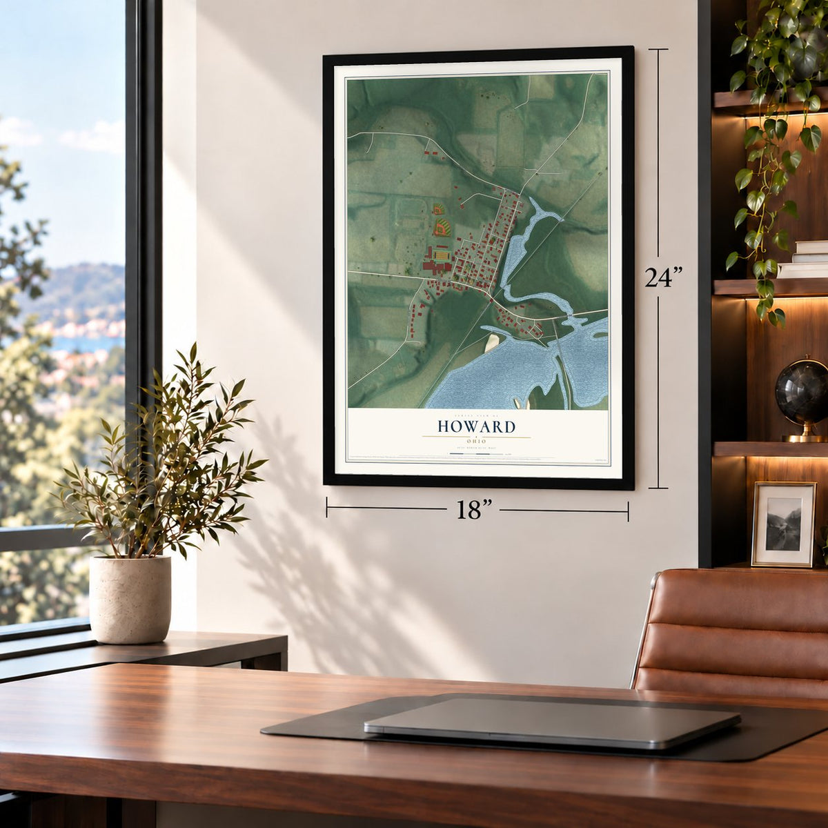 Howard, Ohio map, 18 x 24 inch print in a black frame in a home office