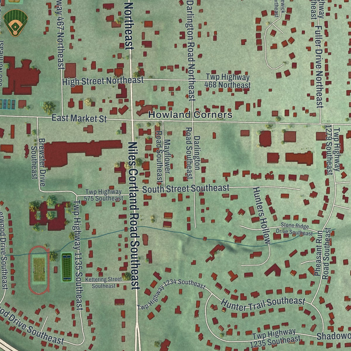 Close-up of the map of Howland Center, Ohio print showing street and building detail
