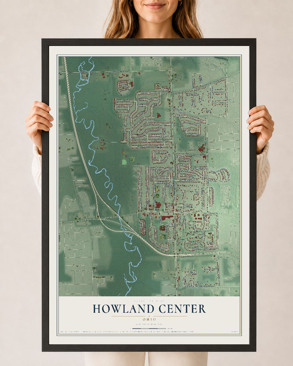 Map of Howland Center, Ohio, 24 x 36 inch print in a black wood frame