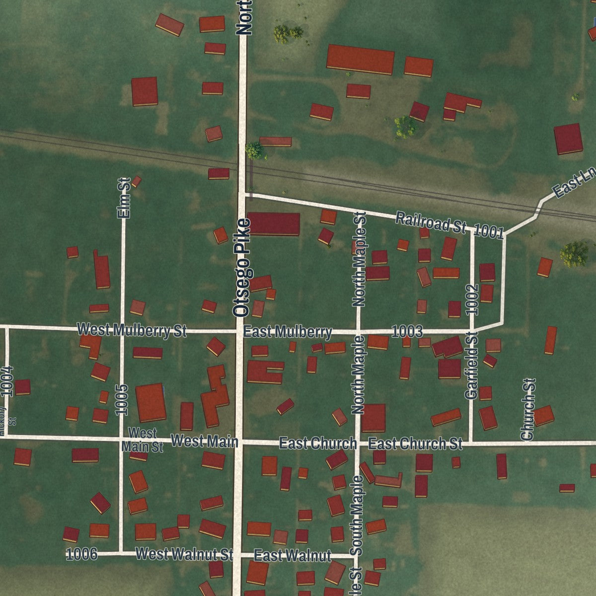 Close-up of the map of Hoytville, Ohio print showing street and building detail