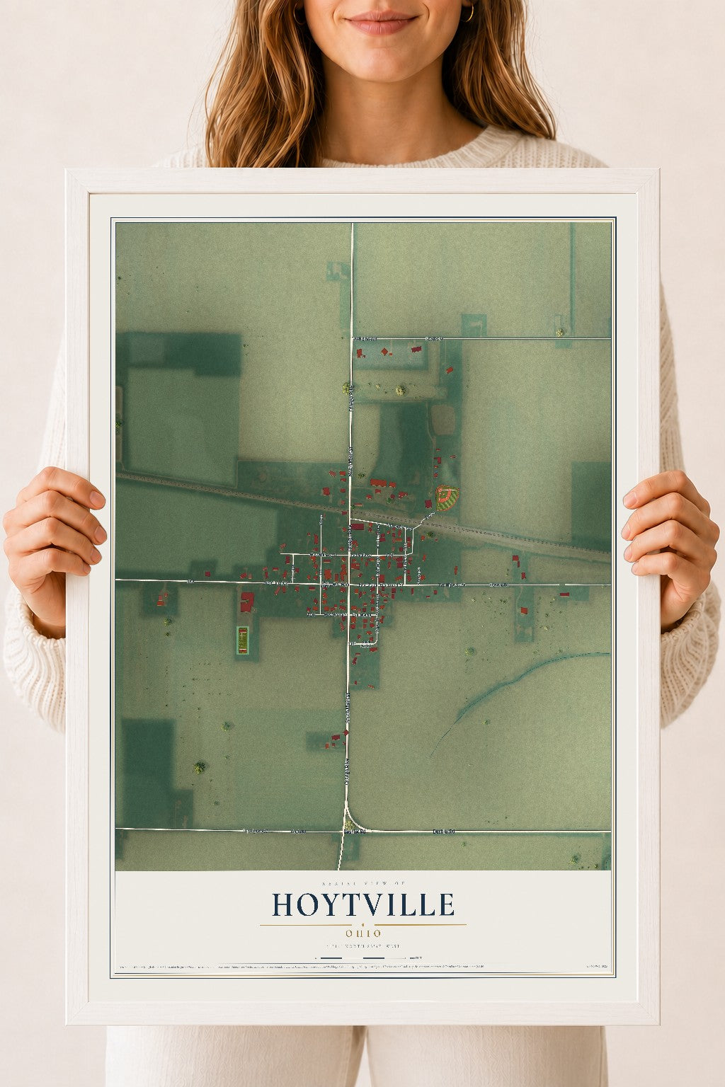 Map of Hoytville, Ohio, 18 x 24 inch print in a white wood frame