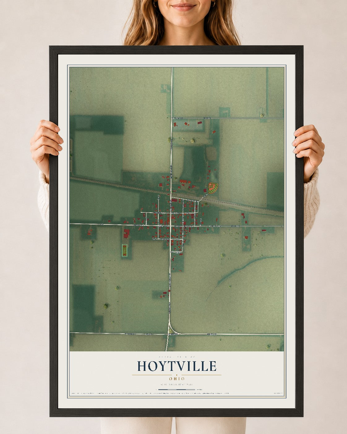 Map of Hoytville, Ohio, 24 x 36 inch print in a black wood frame