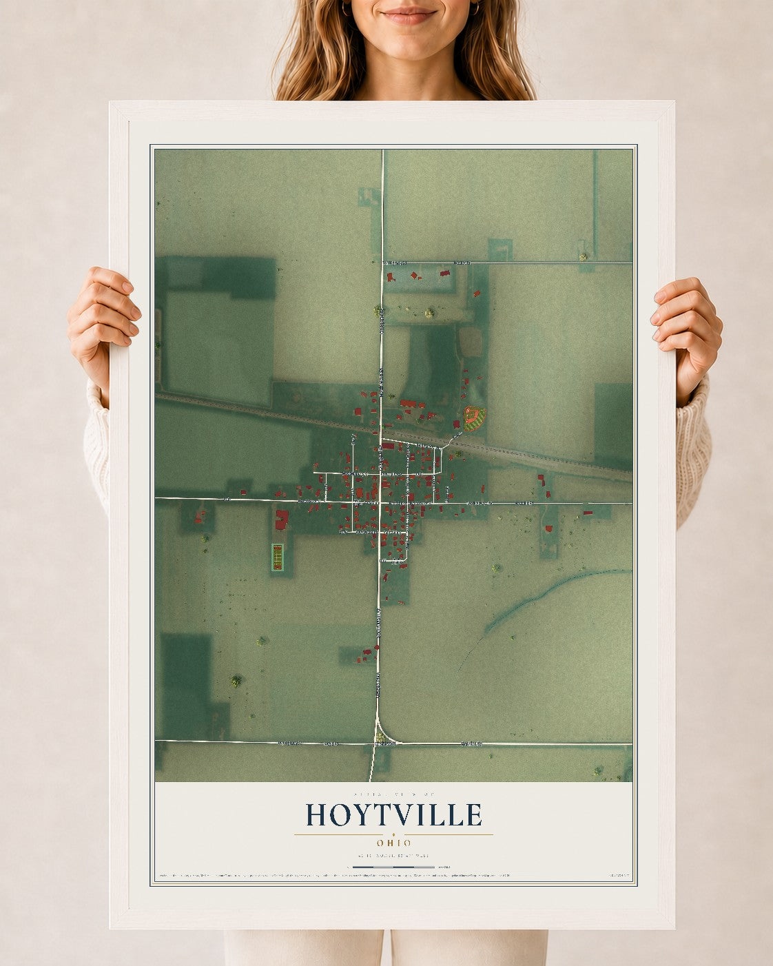 Map of Hoytville, Ohio, 24 x 36 inch print in a white wood frame