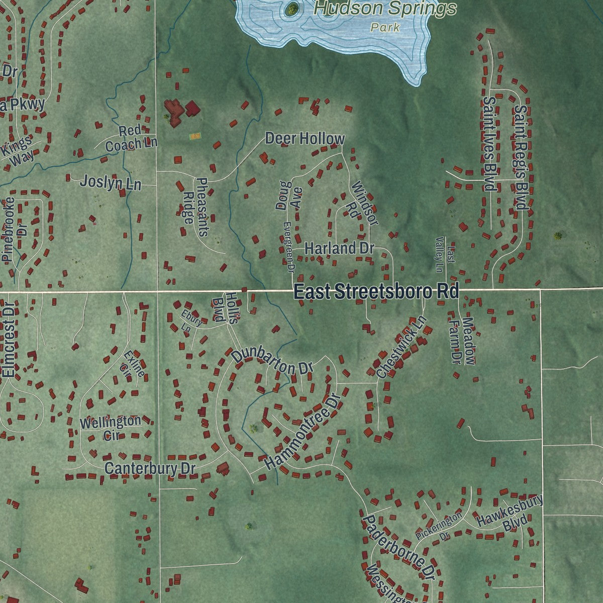 Second close-up of the map of Hudson, Ohio print showing more streets and buildings