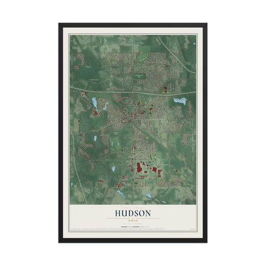 Map of Hudson, Ohio, 12 x 18 inch print in a black wood frame