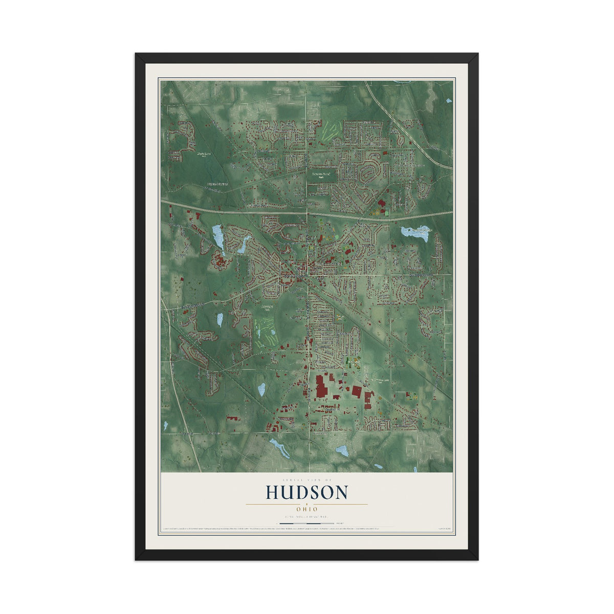 Map of Hudson, Ohio, 12 x 18 inch print in a black wood frame