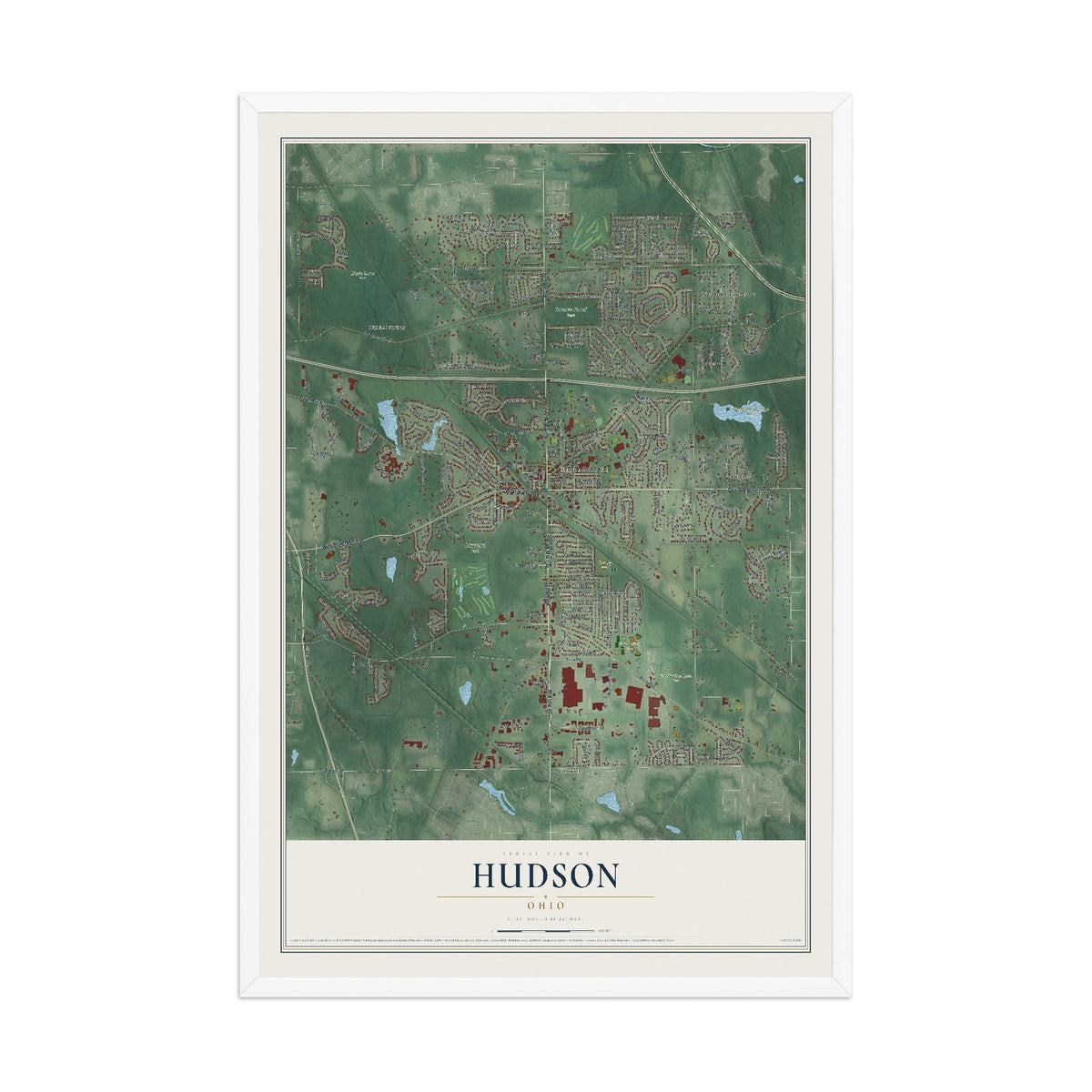 Map of Hudson, Ohio, 12 x 18 inch print in a white wood frame