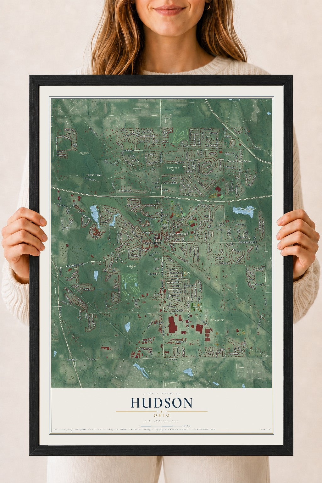 Map of Hudson, Ohio, 18 x 24 inch print in a black wood frame