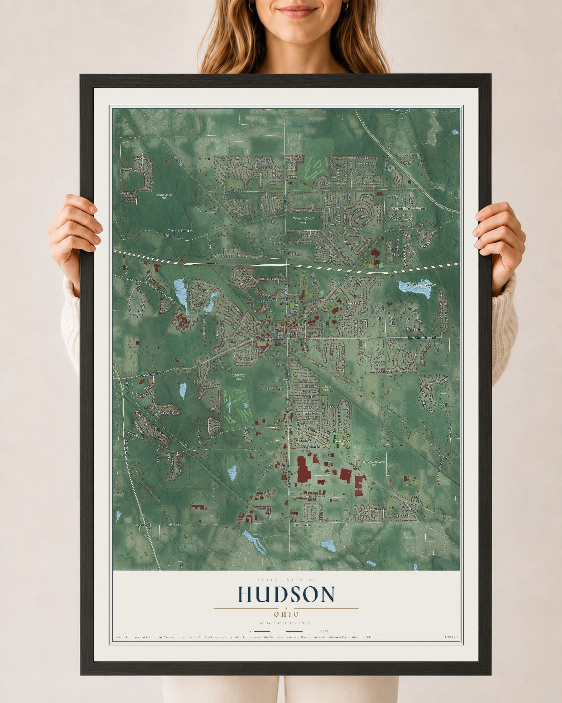 Map of Hudson, Ohio, 24 x 36 inch print in a black wood frame