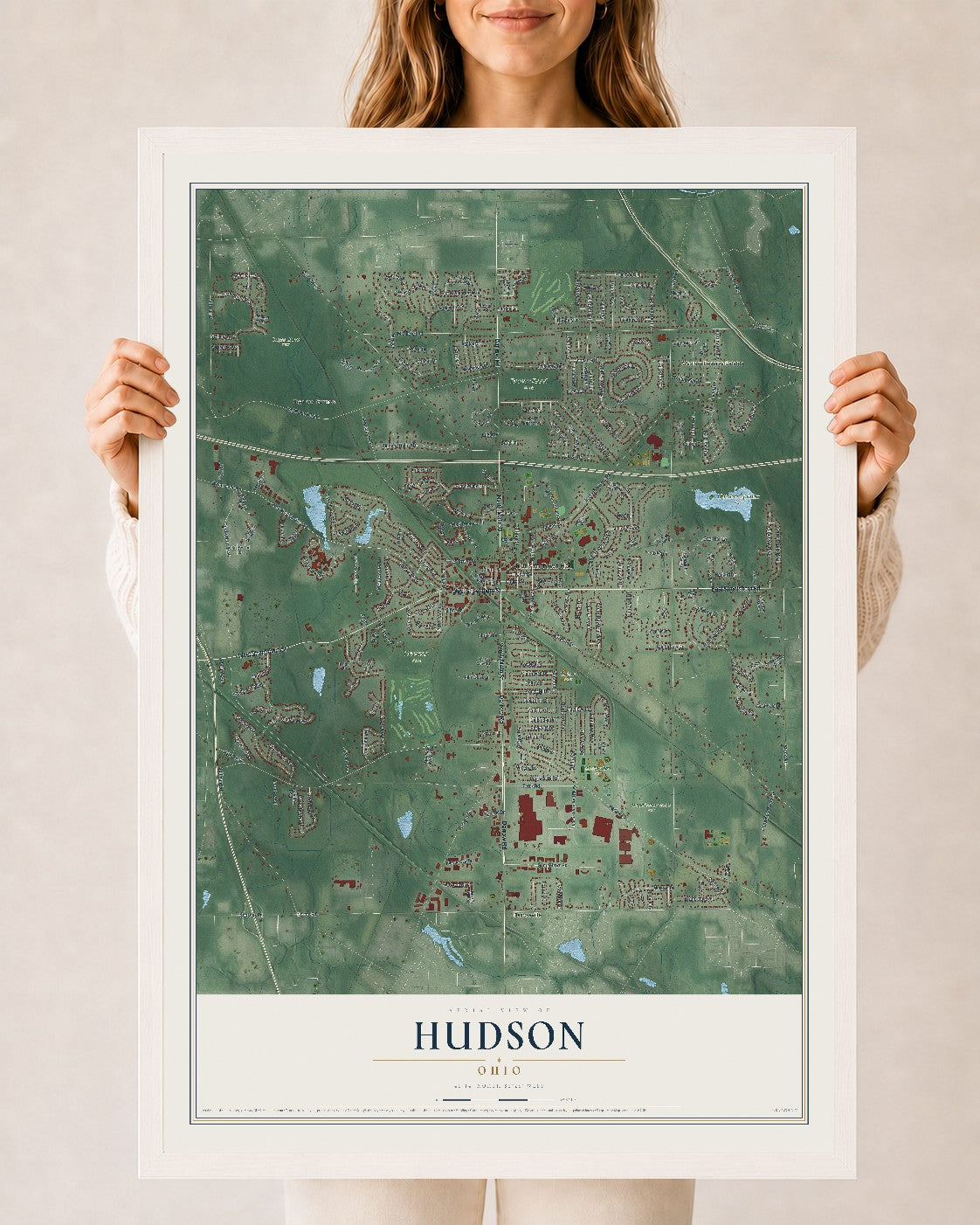 Map of Hudson, Ohio, 24 x 36 inch print in a white wood frame