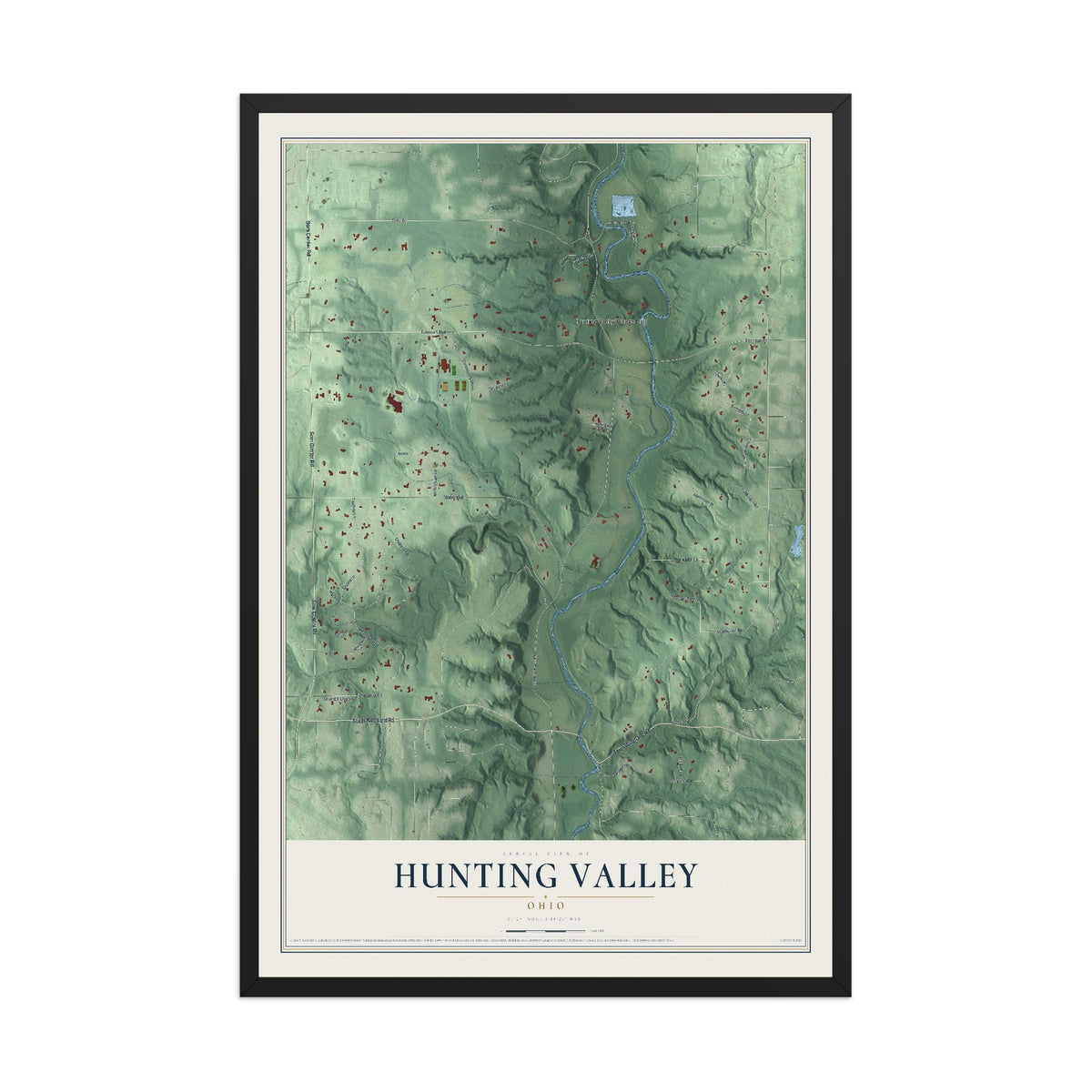 Map of Hunting Valley, Ohio, 12 x 18 inch print in a black wood frame
