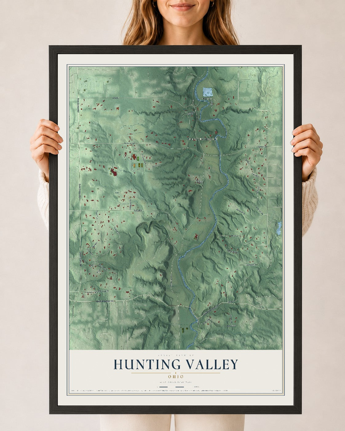 Map of Hunting Valley, Ohio, 24 x 36 inch print in a black wood frame