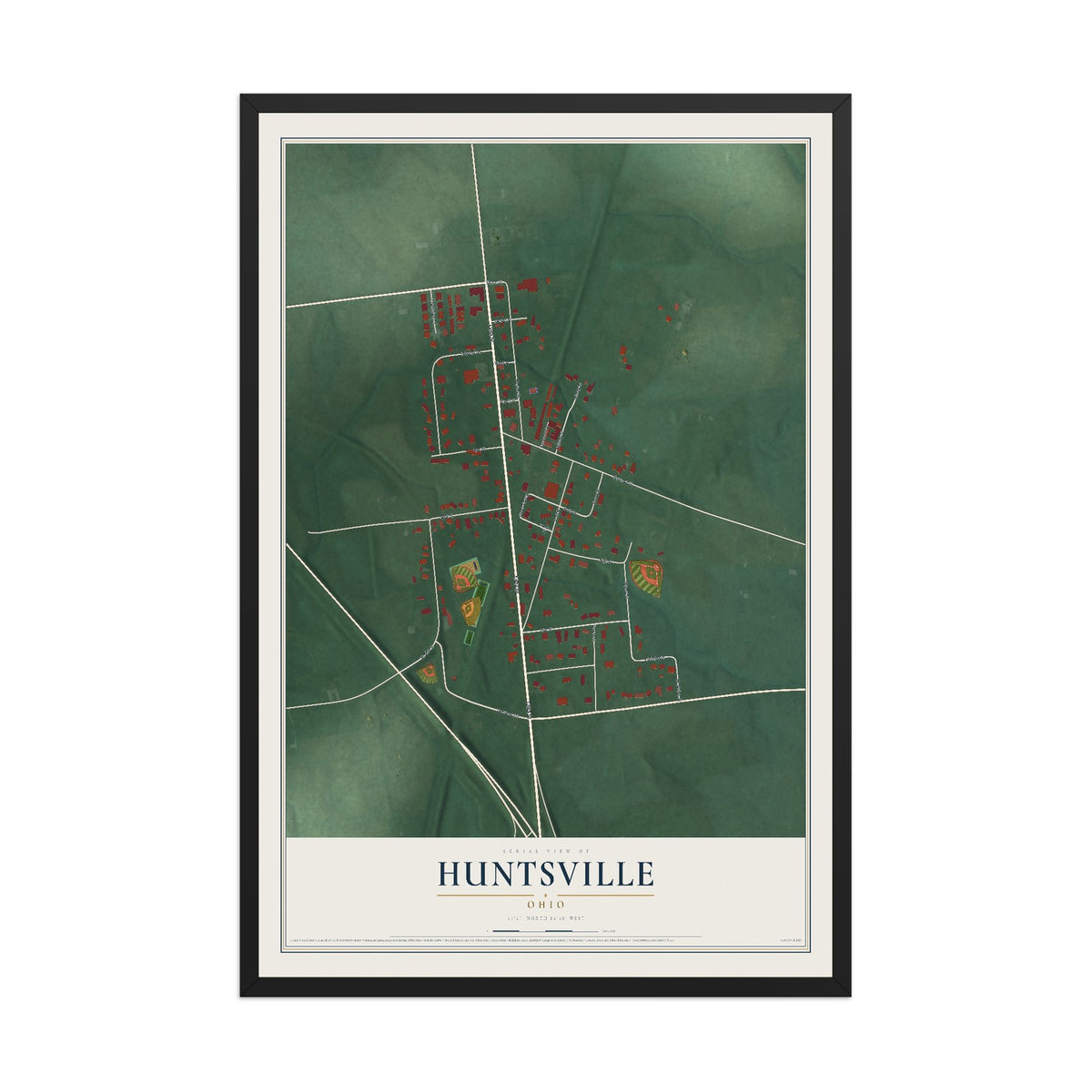 Map of Huntsville, Ohio, 12 x 18 inch print in a black wood frame