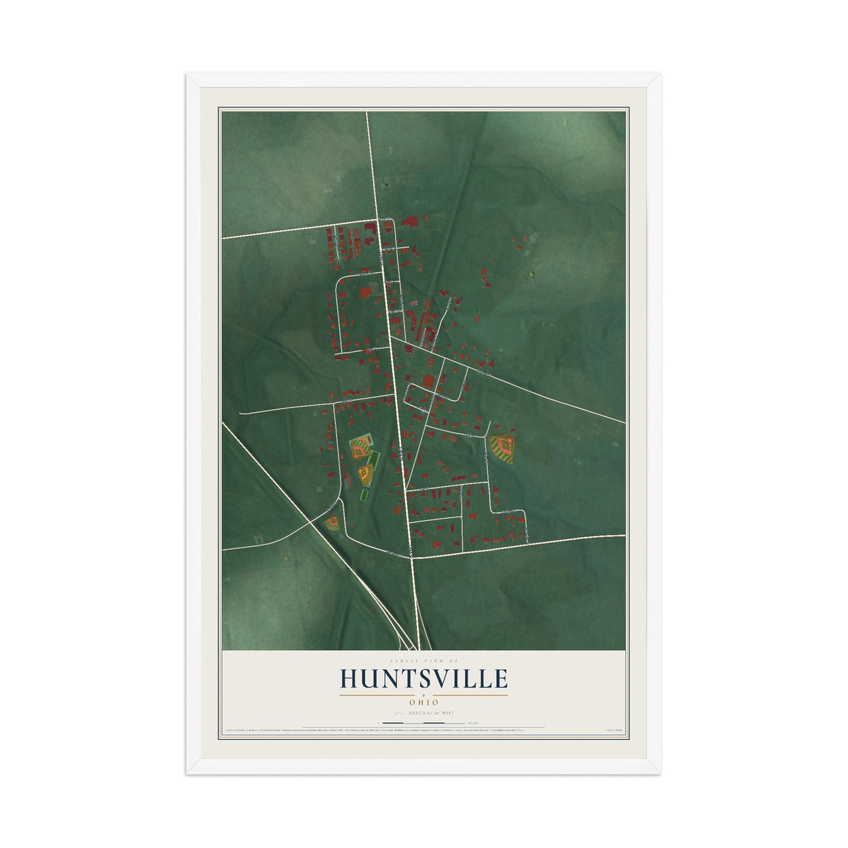 Map of Huntsville, Ohio, 12 x 18 inch print in a white wood frame