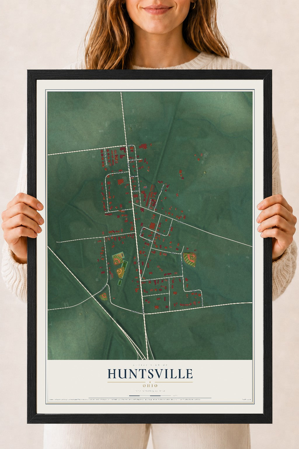 Map of Huntsville, Ohio, 18 x 24 inch print in a black wood frame