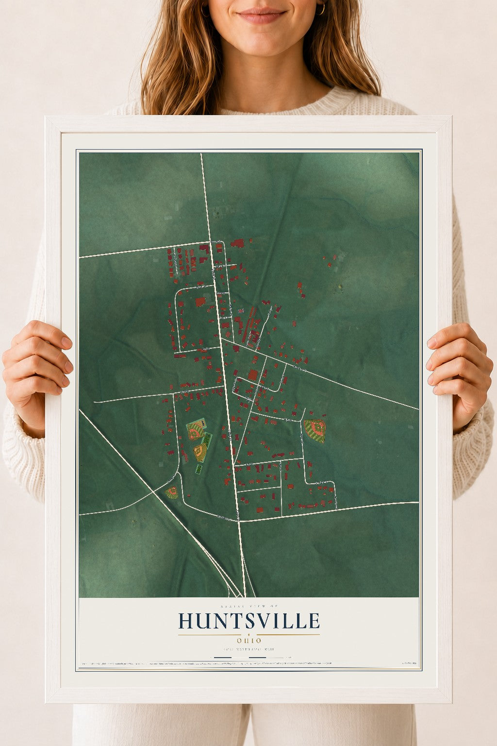 Map of Huntsville, Ohio, 18 x 24 inch print in a white wood frame