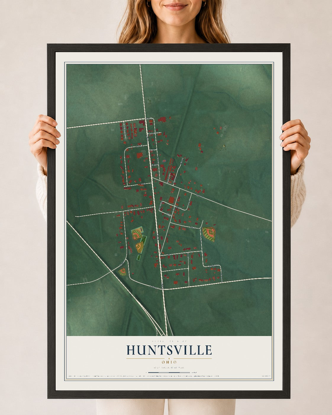 Map of Huntsville, Ohio, 24 x 36 inch print in a black wood frame