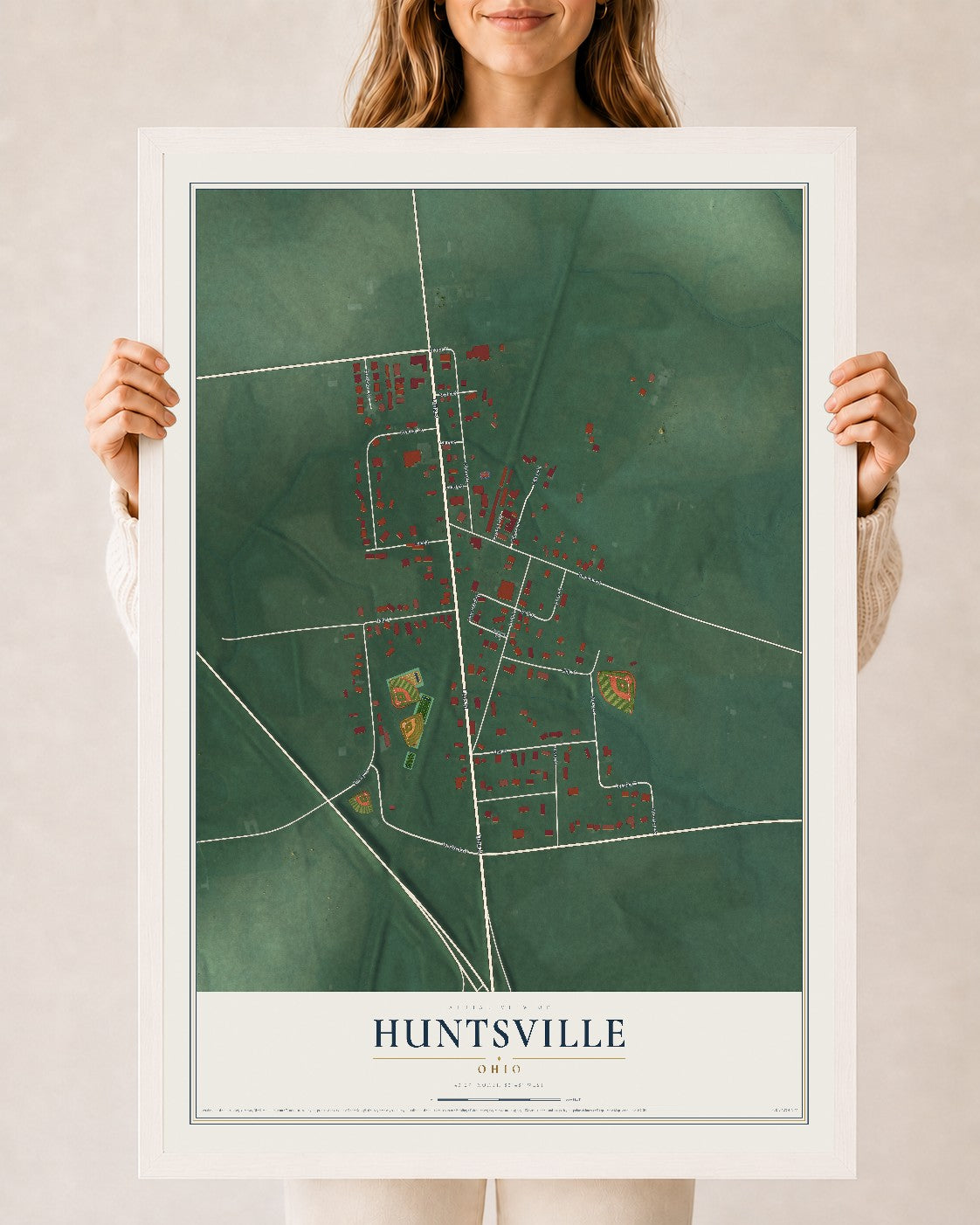 Map of Huntsville, Ohio, 24 x 36 inch print in a white wood frame