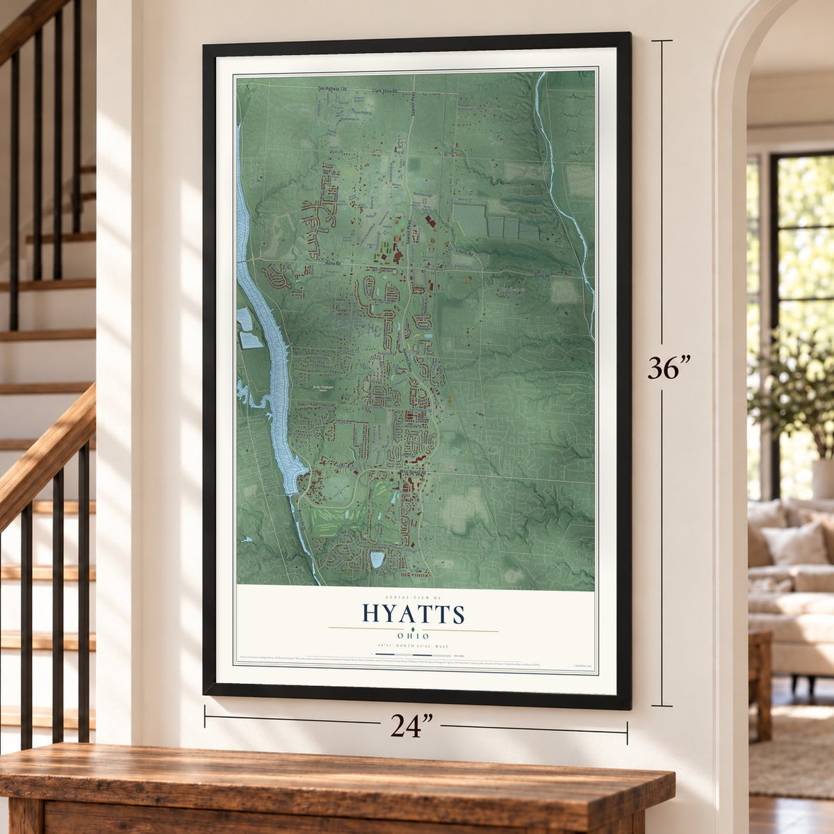 Hyatts, Ohio map, 24 x 36 inch print in a black frame by a staircase