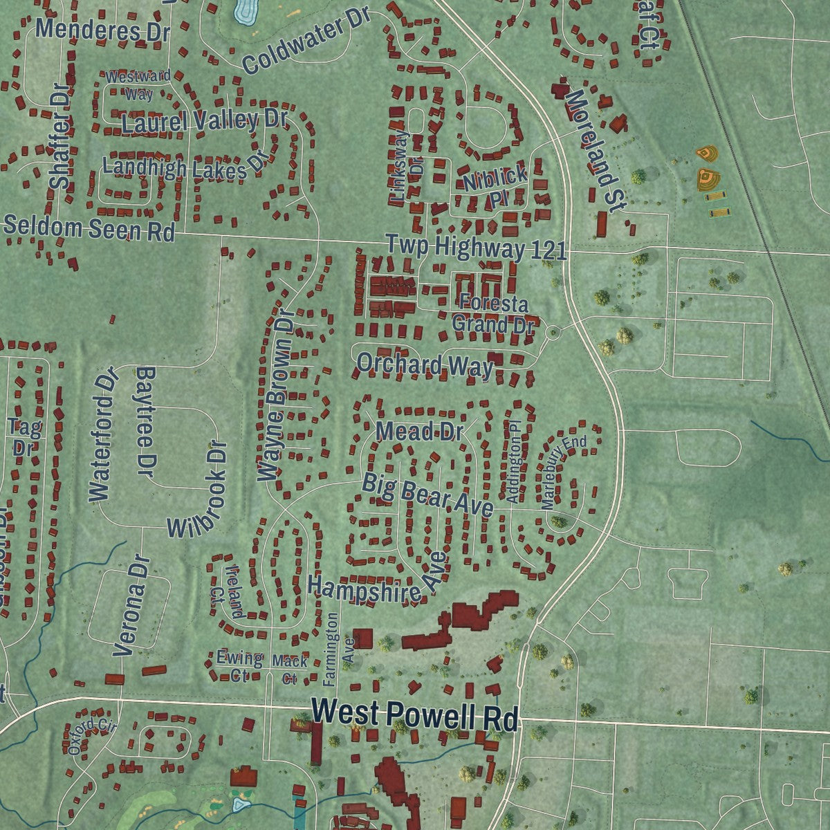 Close-up of the map of Hyatts, Ohio print showing street and building detail
