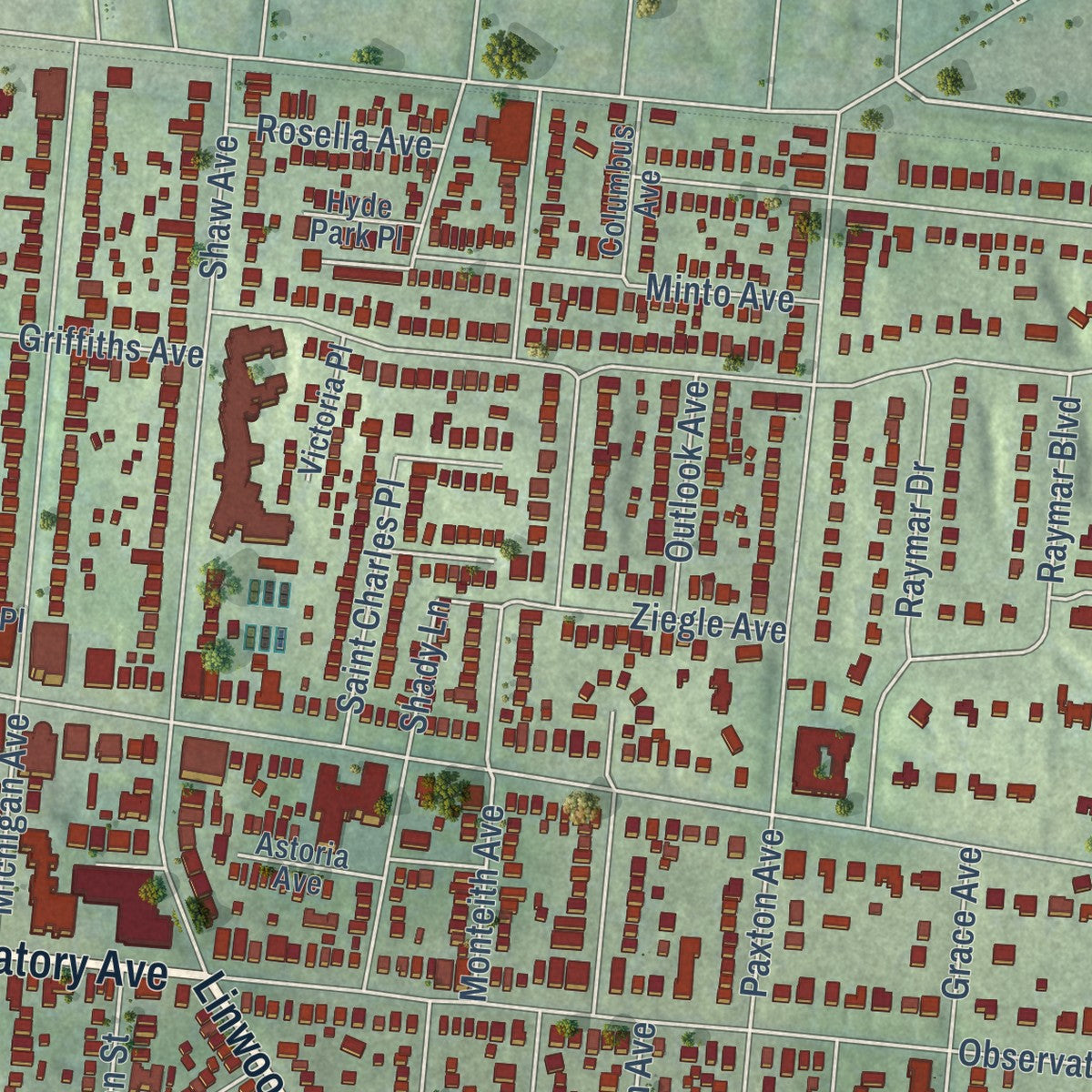 Close-up of the map of Hyde Park, Ohio print showing street and building detail