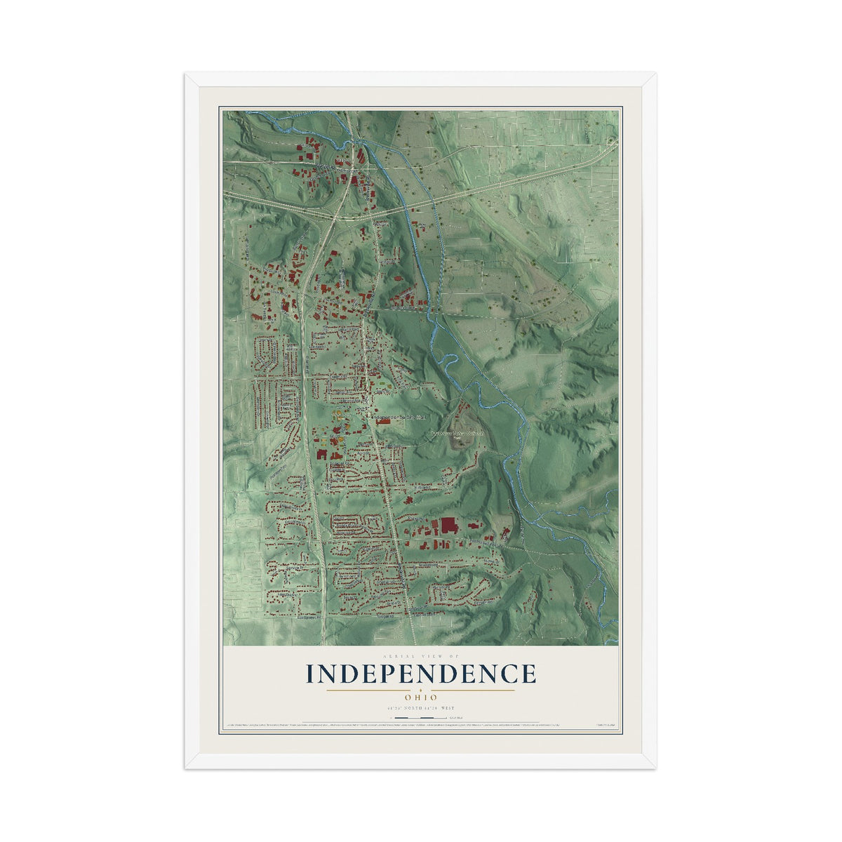 Map of Independence, Ohio, 12 x 18 inch print in a white wood frame