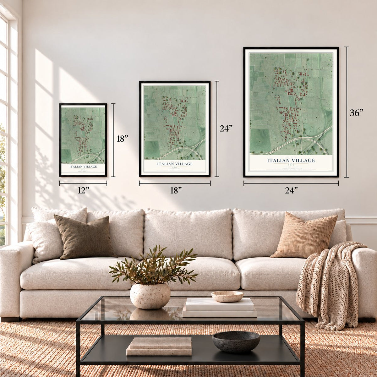 Italian Village, Ohio map in 12 x 18, 18 x 24 and 24 x 36 inch sizes above a sofa
