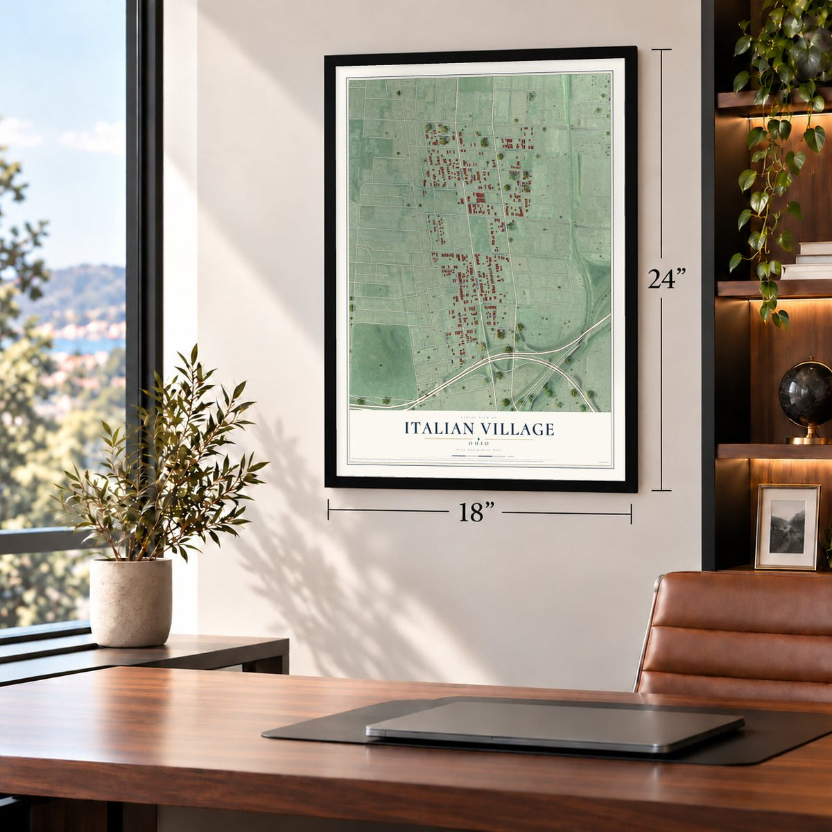Italian Village, Ohio map, 18 x 24 inch print in a black frame in a home office