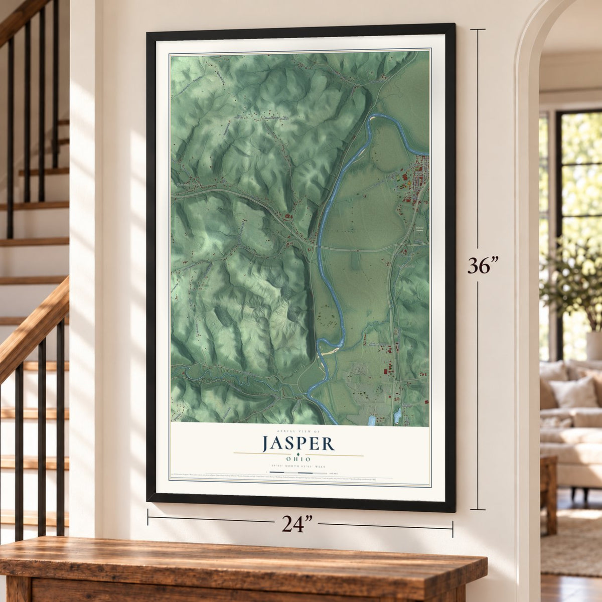 Jasper, Ohio map, 24 x 36 inch print in a black frame by a staircase
