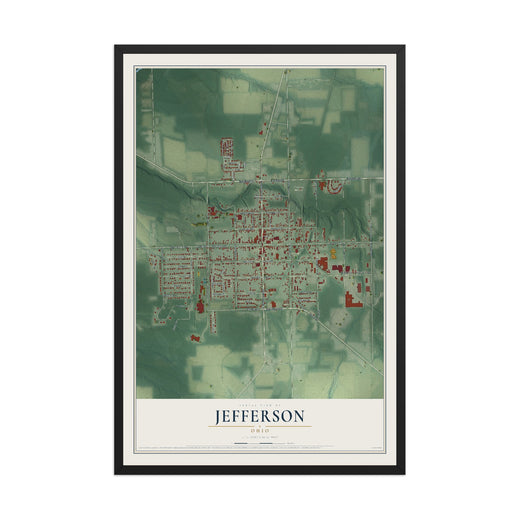 Map of Jefferson, Ohio, 12 x 18 inch print in a black wood frame