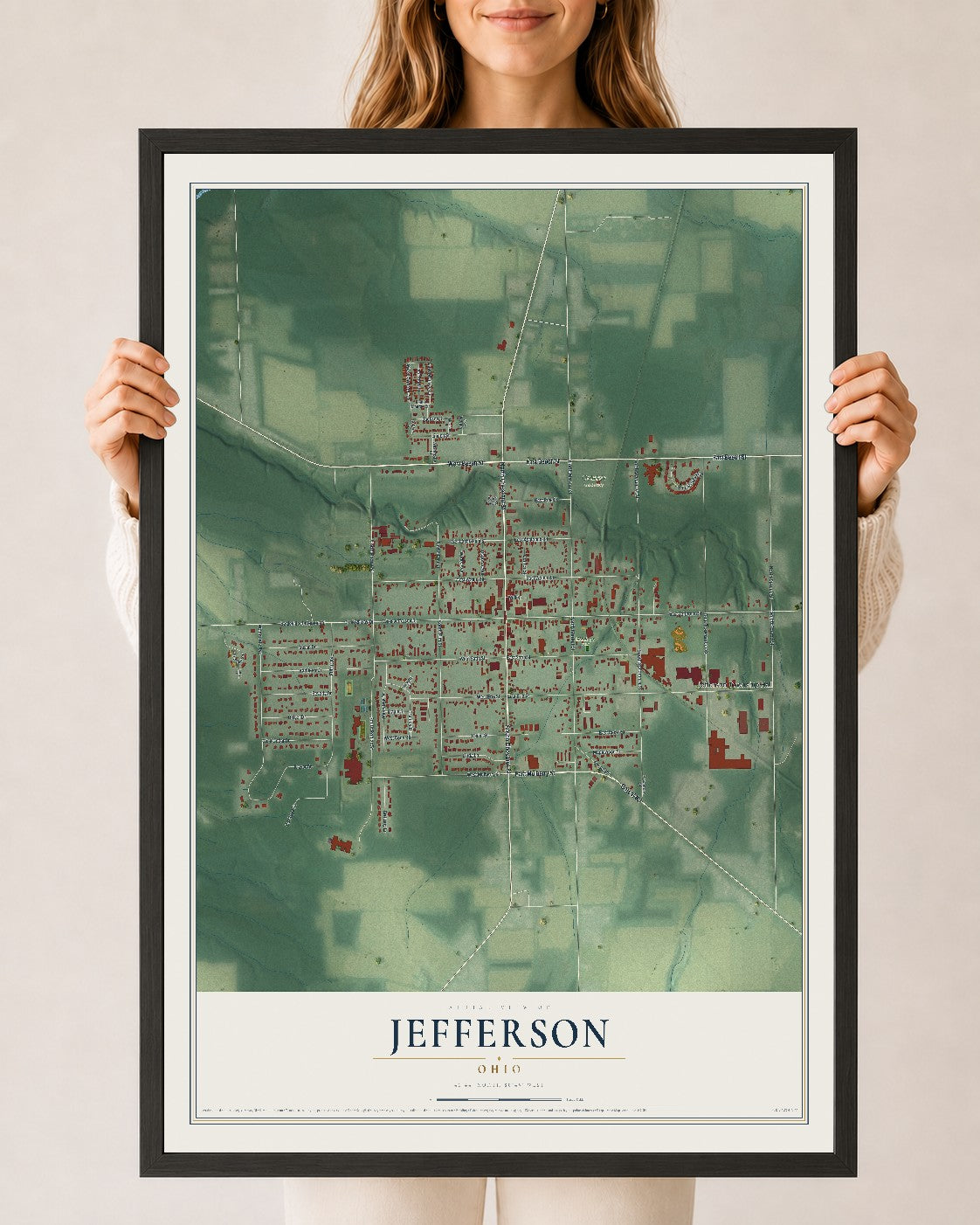 Map of Jefferson, Ohio, 24 x 36 inch print in a black wood frame