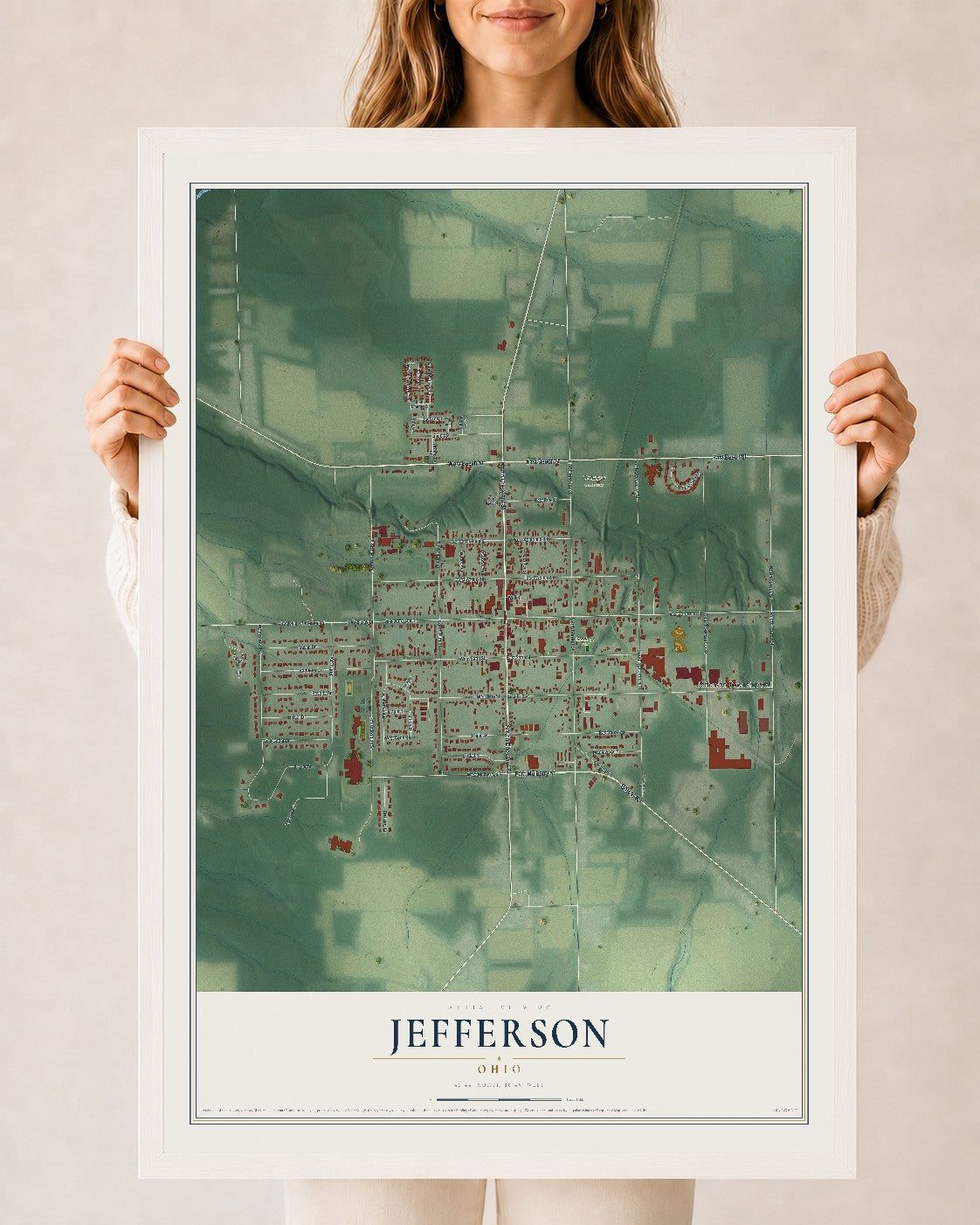 Map of Jefferson, Ohio, 24 x 36 inch print in a white wood frame