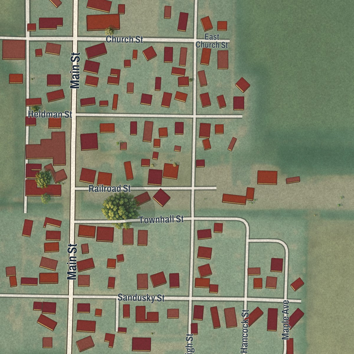 Close-up of the map of Jenera, Ohio print showing street and building detail