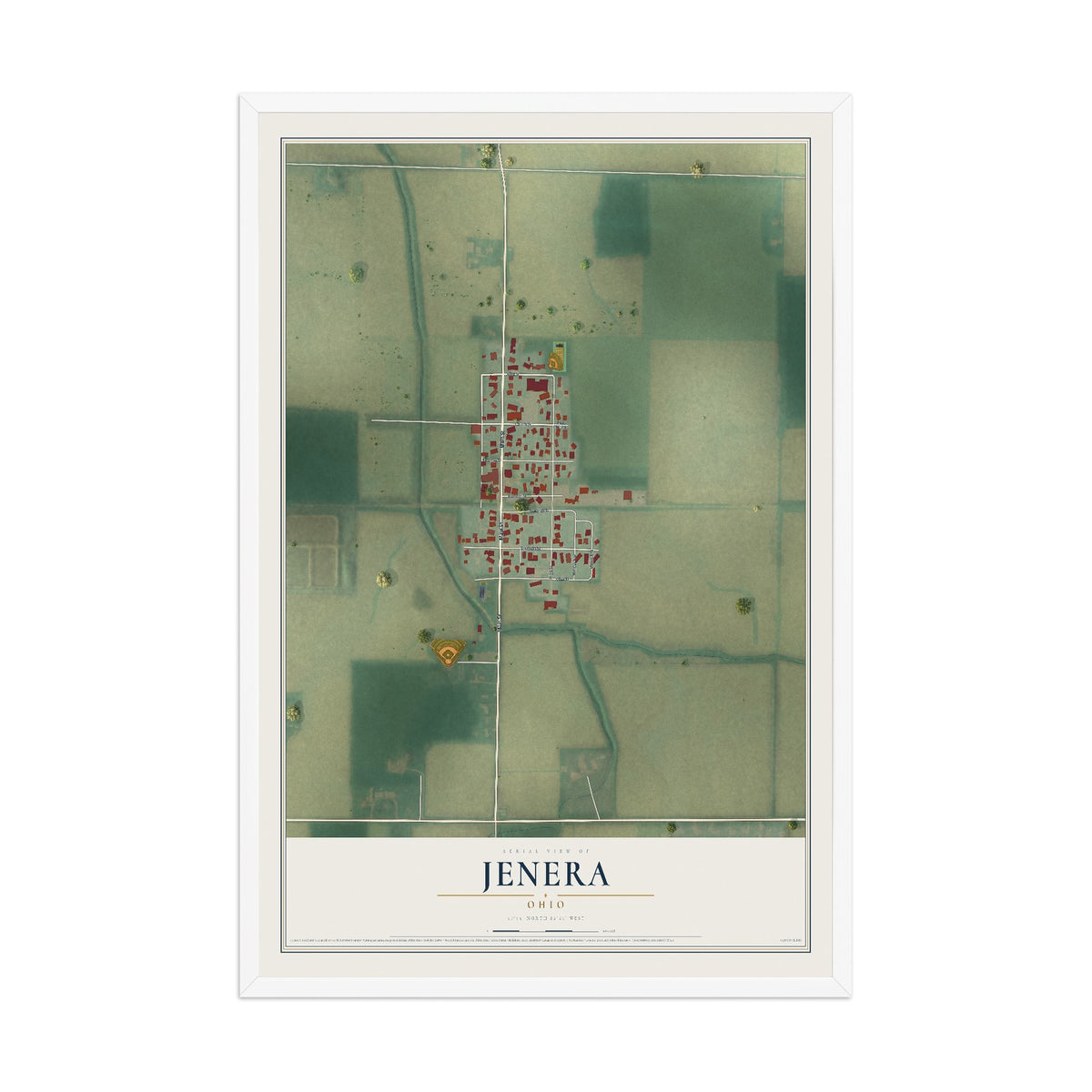 Map of Jenera, Ohio, 12 x 18 inch print in a white wood frame