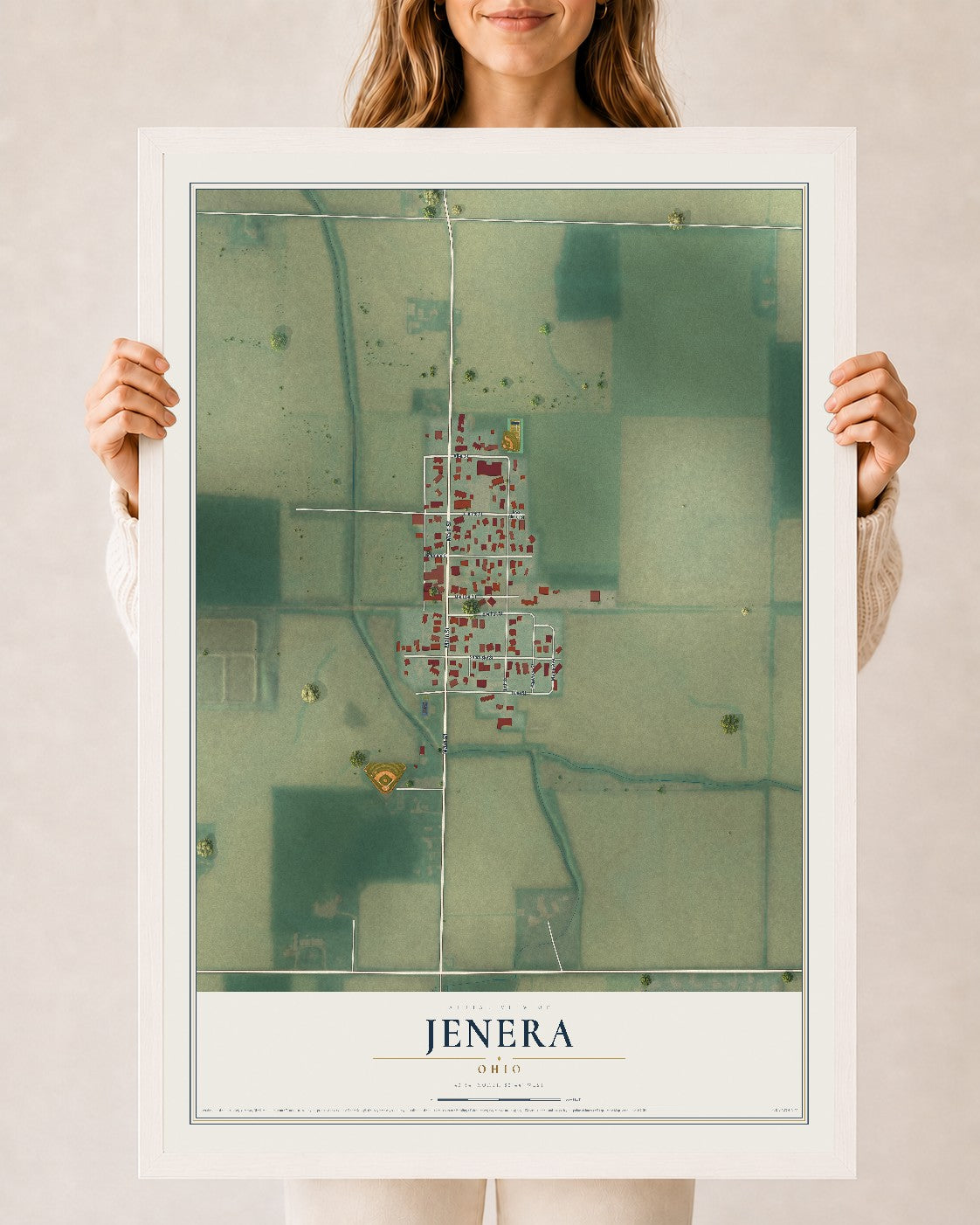 Map of Jenera, Ohio, 24 x 36 inch print in a white wood frame