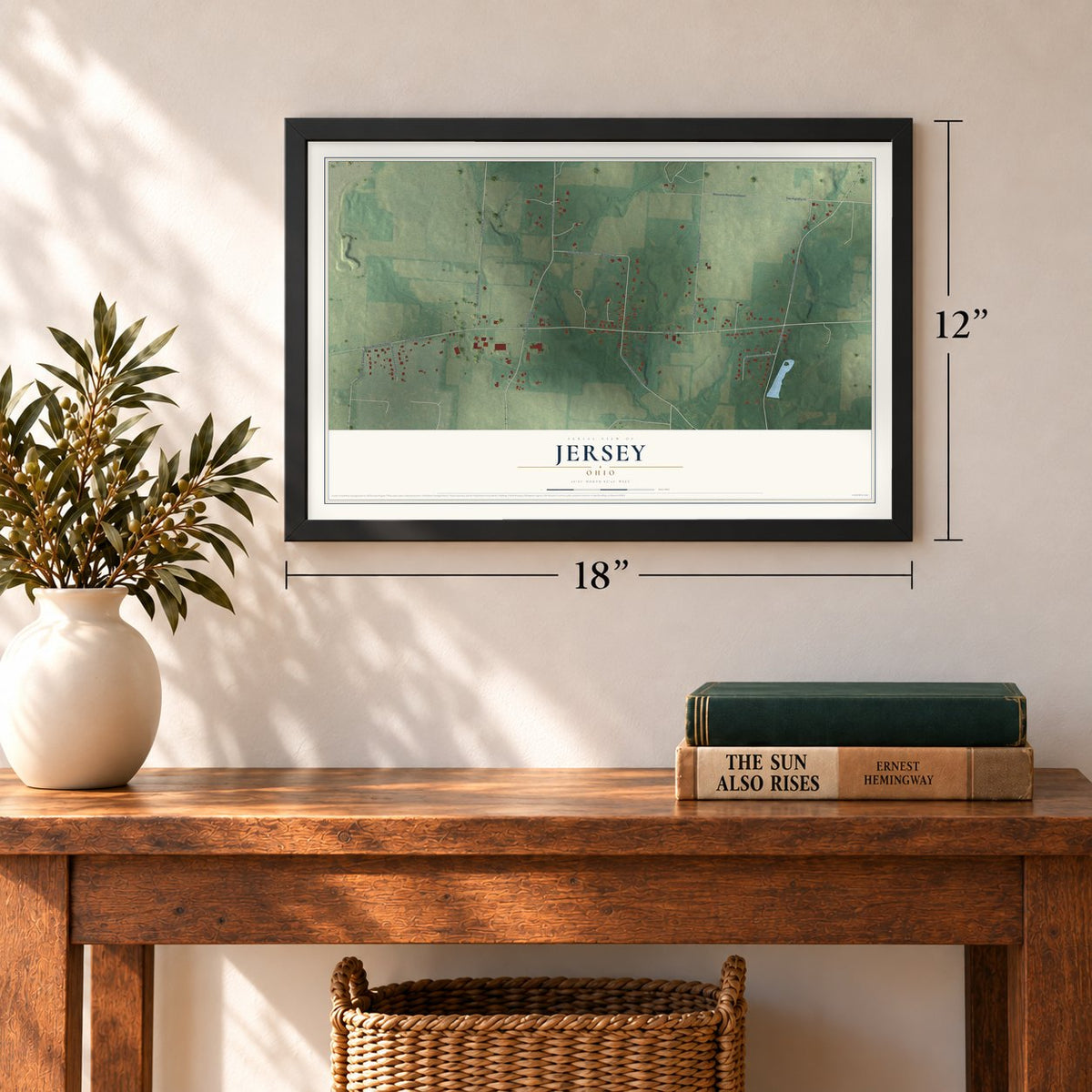 Jersey, Ohio map, 12 x 18 inch print in a black frame in an entryway